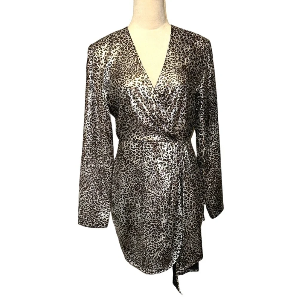 Nwt Ronny Kobo Jerry Leopard Print Cocktail Mini Dress Metallic Silver M - Picture 15 of 17